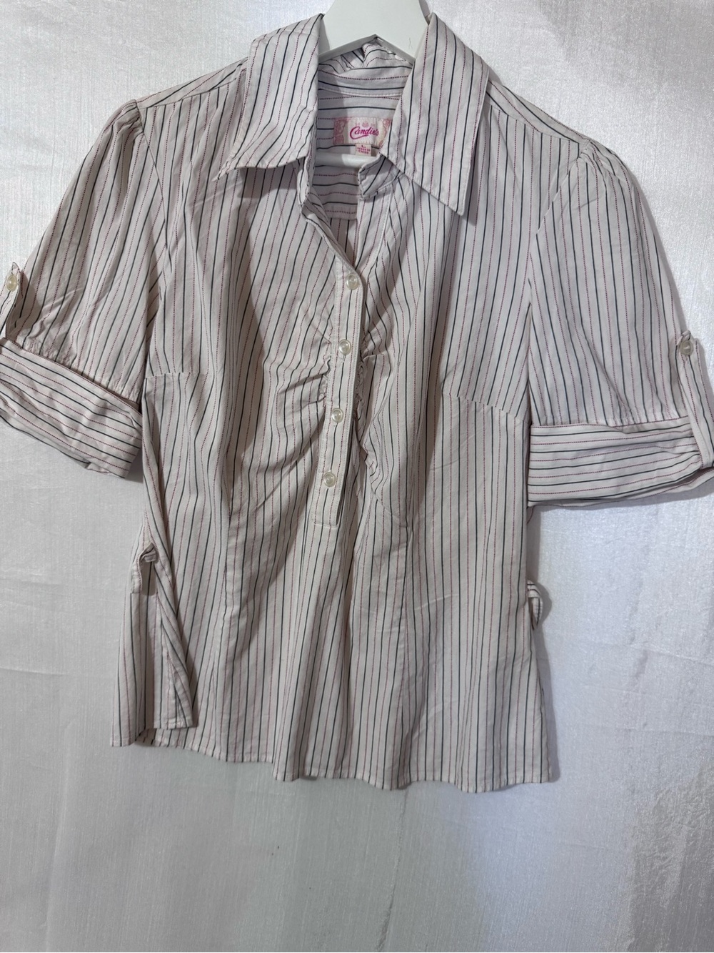 Candie's White Button-Front Striped Roll-Sleeve Shirt